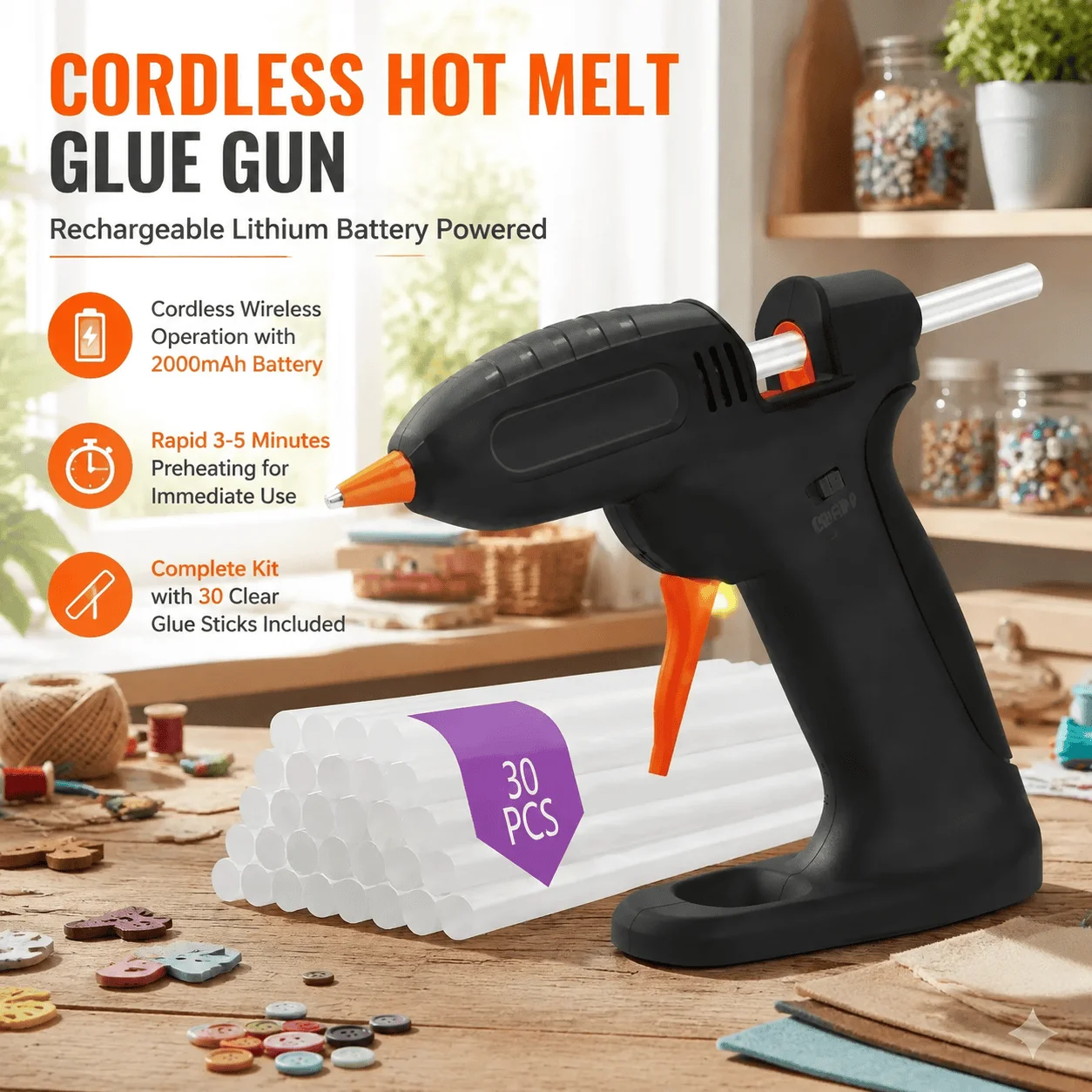 Cordless Glue Gun Rechargeable Hot Glue Gun Wireless Portable DIY Craft Tool Battery Powered 7mm Glue Gun For Home Repair Rapid Heating Multi Surface Bonding Lightweight Ergonomic Grip Complete Kit With Glue Sticks For Decoration