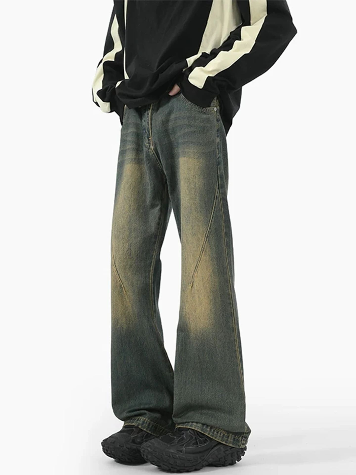 

Retro Heavy Du Men's Denim Jeans Spring Autumn American High Street Wide Leg Loose Straight Tube Pants Splicing Sle