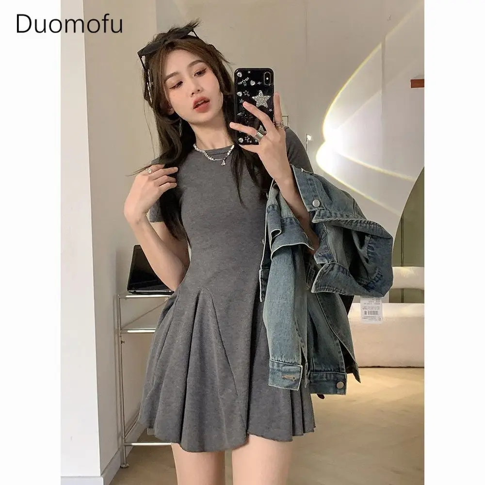 

Duomofu Summer Black O-neck Chic Slim Waist Female Dresses New Simple Office Lady Casual Pure Color Fashion A-line Women Dresses