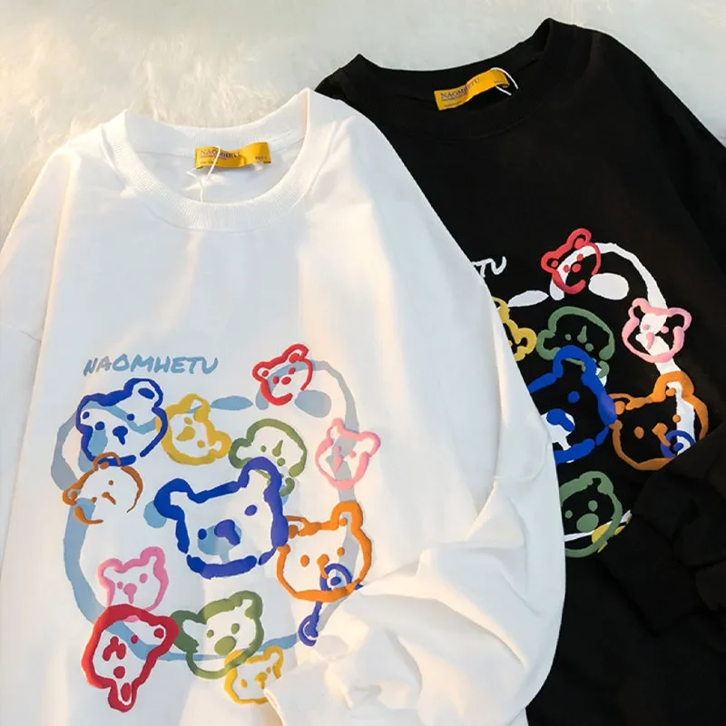 

Laid-ba Sle American Retro Cartoon Bear Men's Sweatirt Loose Casual Top for Autumn Season Comfortable Printed Youth Fas...