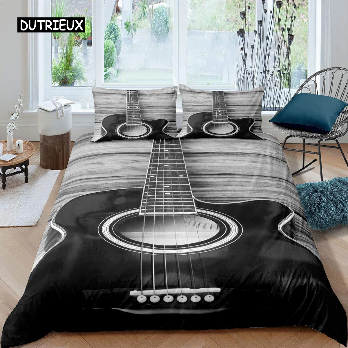 Guitar Duvet Cover Set Music Theme Bedding for Teens Microfiber Vintage Grey Guitar on Wooden Floor Quilt Cover Queen King Size