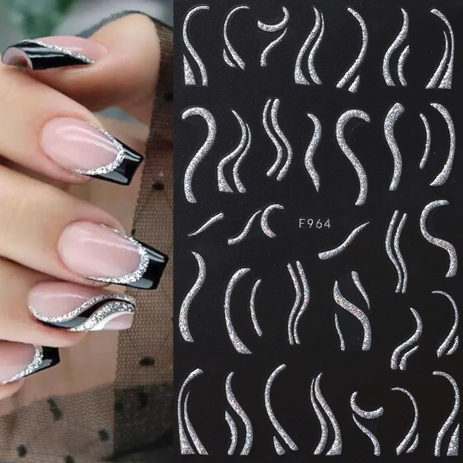 Glitter Silver Stripe Lines Nail Stickers Shiny Wavy Lines Graffiti French Tips Gel Polish Sliders Metallic Manicure Decoration