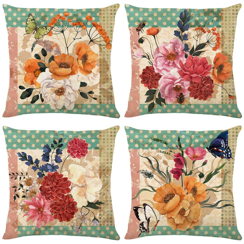 

Retro Style Flowers Cushion Cover 18x18 Inches Linen Pillow Cover Butterfly Pillow Case Spring Decorative Pillowcase for Couch