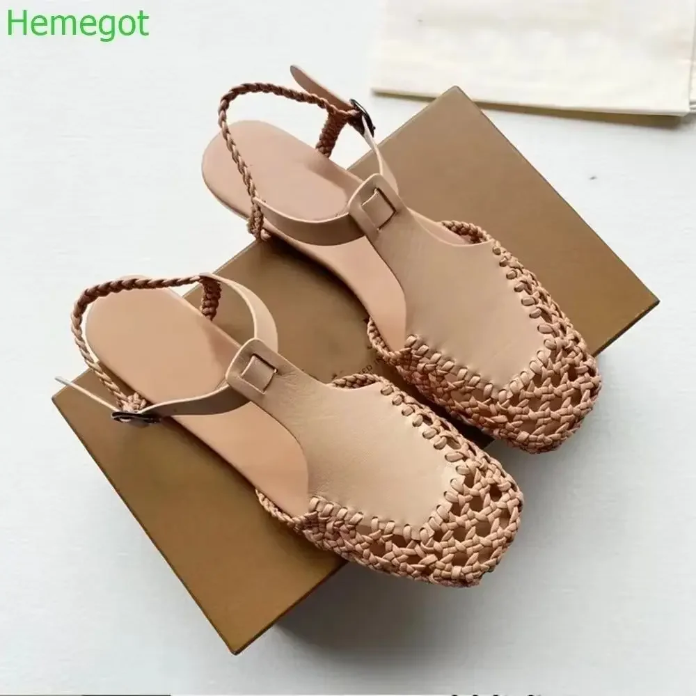 

Summer Braided Hollow Mesh Flat Shoes 2025 Square Toe Retro Outdoors Beach Ladies Back Strap Casual Black/brown Roman Sandals