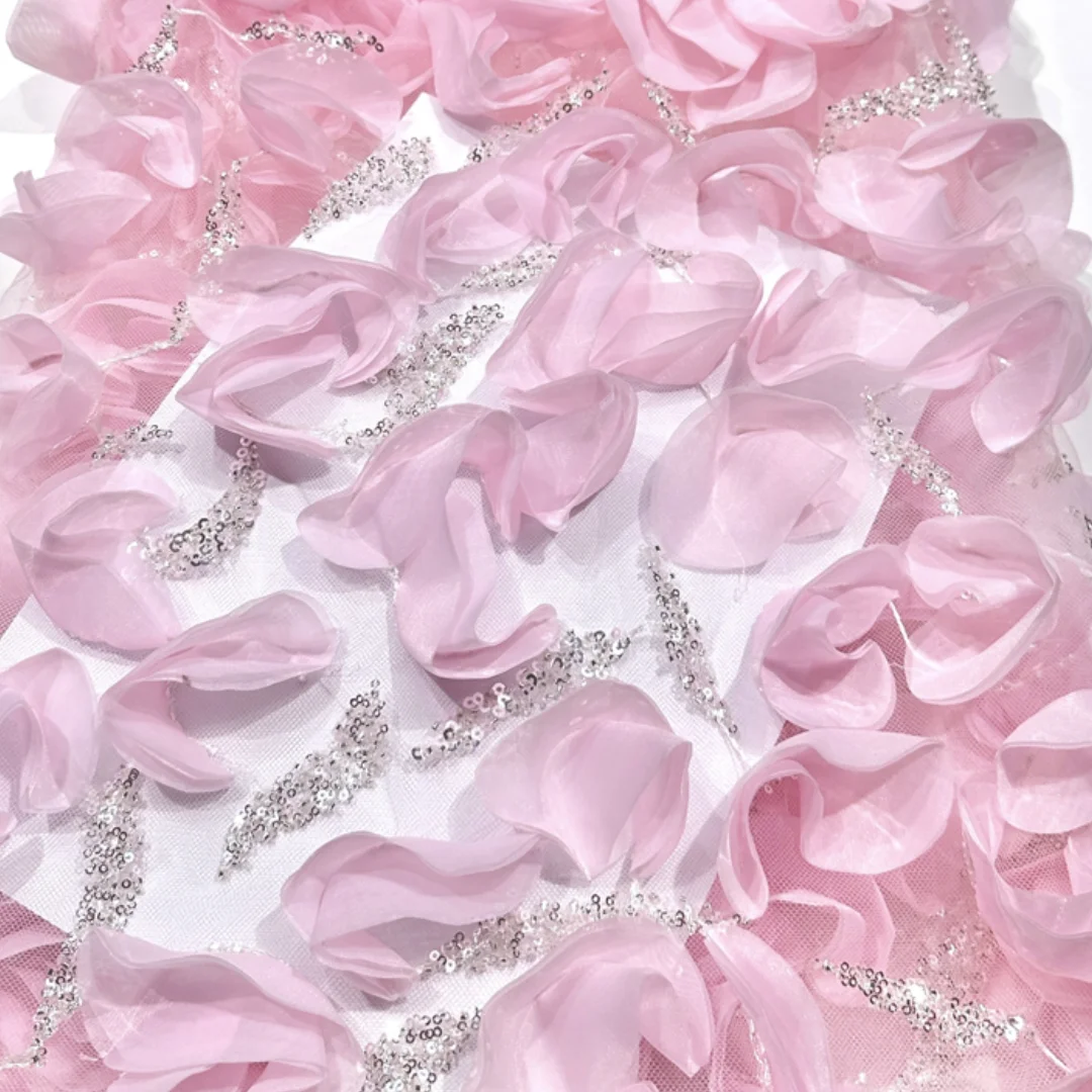 Pink 3D Rose Applique Sequins Embroidered Tulle High Quality Lace Fabric For Nigerian Wedding Party Evening Dress Sewing