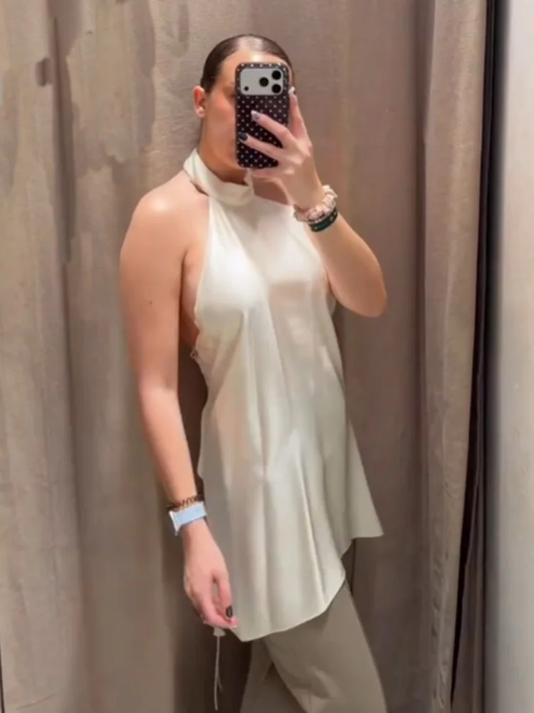 

HH Women's Fashion Asymmetric Backless Design Halter Neck Slim Fit Top Female Elegant Commuting Casual Party Wear Sleeveless Top