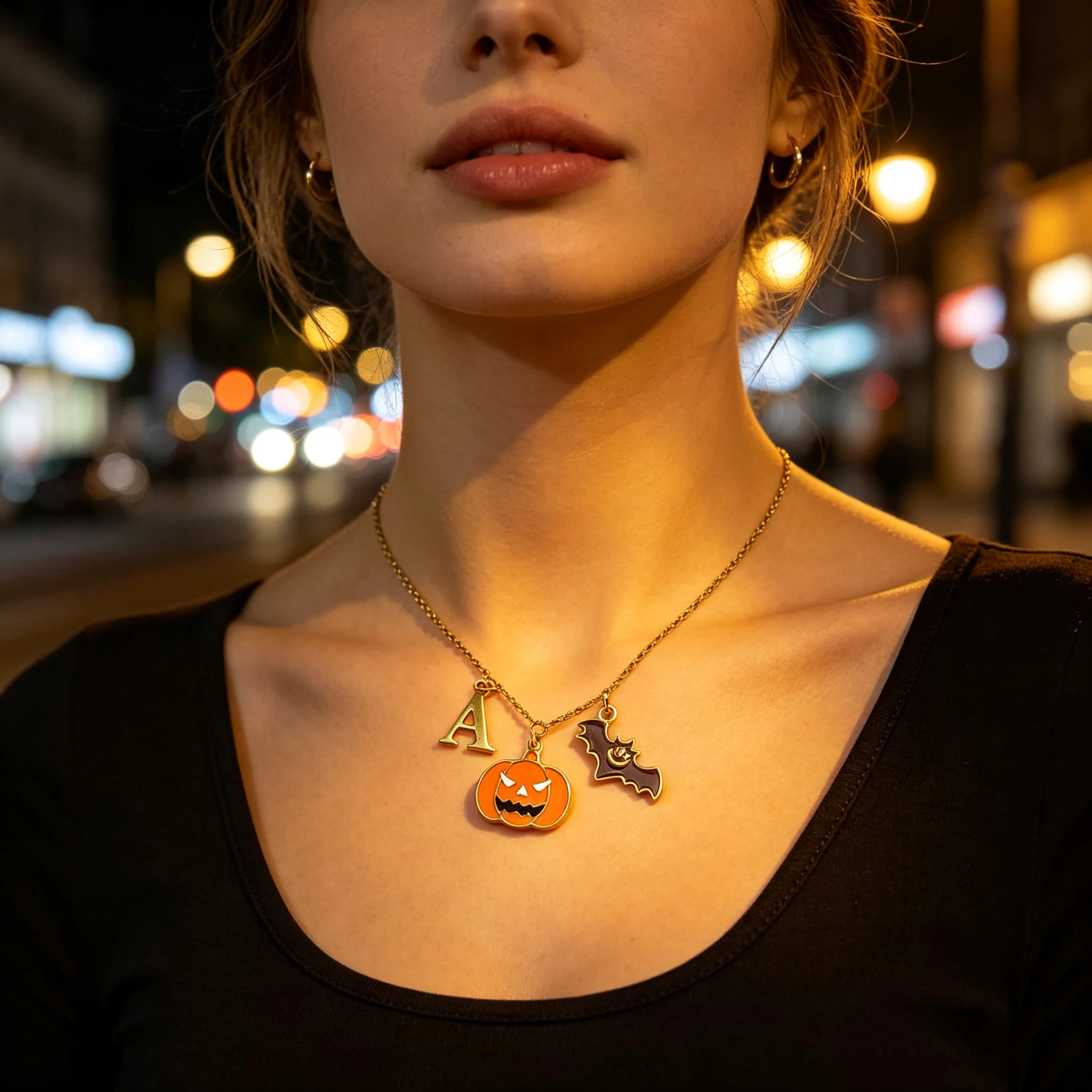 Custom Halloween Necklace Personalized Initial Choker Pumpkin Bat Bespoke Necklaces For Women Spooky Stainless Steel Jewelry
