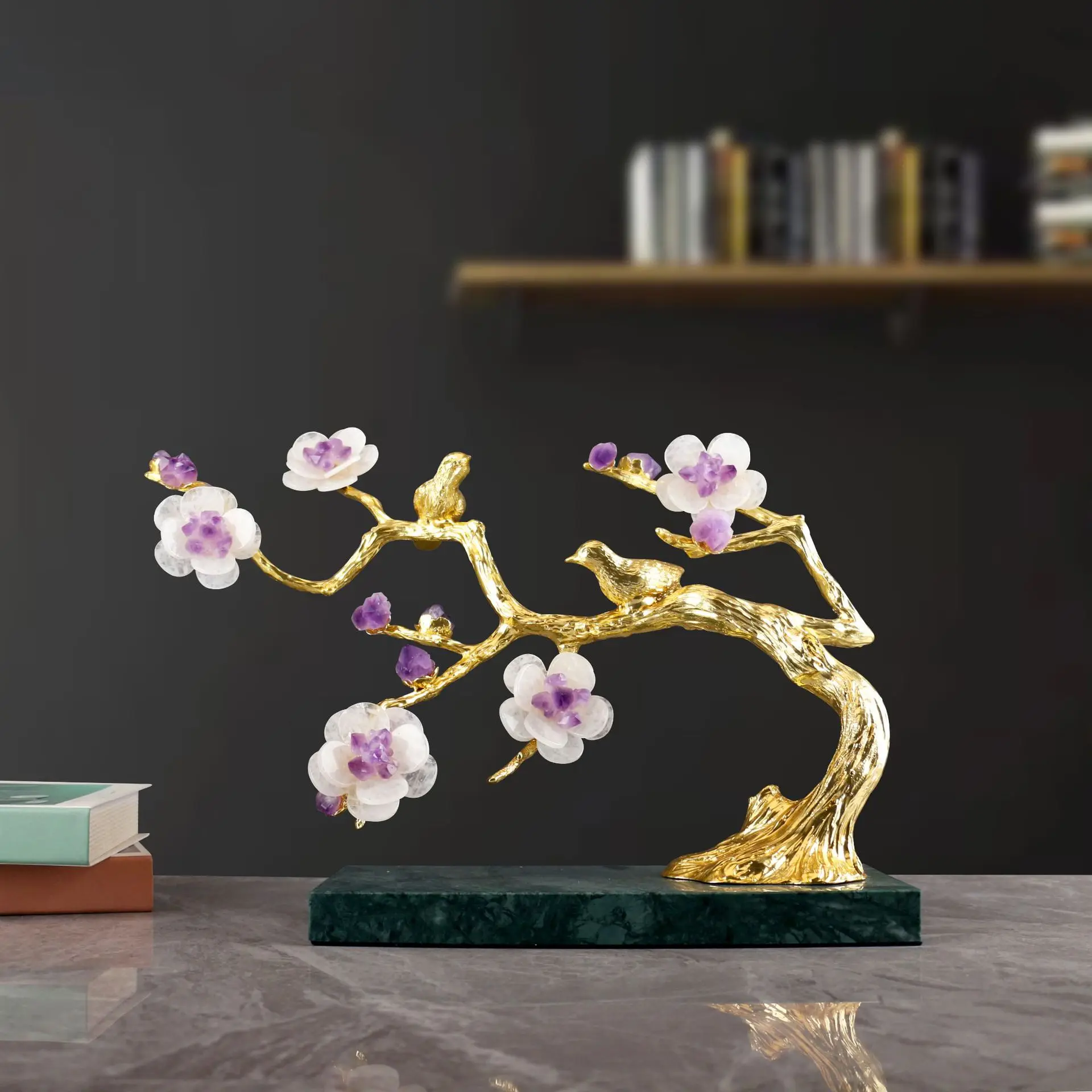 Metal Handicraft Purple Crystal Flower Golden Tree Natural Sculpture Plum Blossom Figurine Home Decoration Accessories