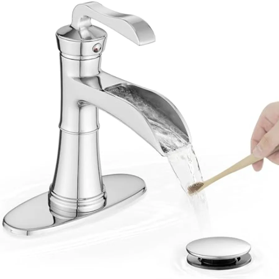 

Brass Bathroom Faucet Single Handle Bathroom Faucets One Hole 4 Inch Waterfall Faucet for Bathroom Sink 3 Hole with Deck Plate
