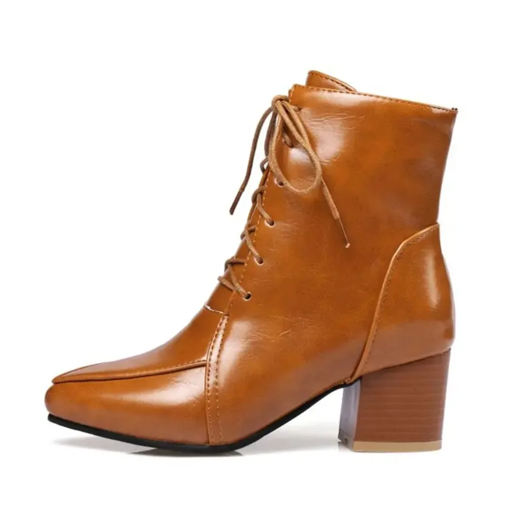 QPLYXCO Ankle Boots Women Fashion Pointed Toe Lace Up Thick Heels Casual Dress Party Short Bootie Big Size 44 45 C9-22
