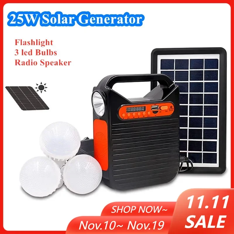 

Солнечный генератор, уличное портативное освещение, солнечная панель, аварийный источник питания с радио, динамиком, фонариком, 3 светодиодных лампочки