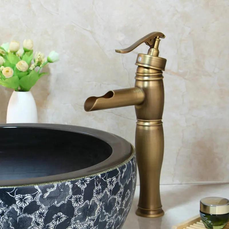 KEMAIDI  Ceramic Wash Basin Vessel Sink & Antique Brass Bathroom Faucet Art Sink Set Plated Golden Ceramic Basin Tap Set image 4