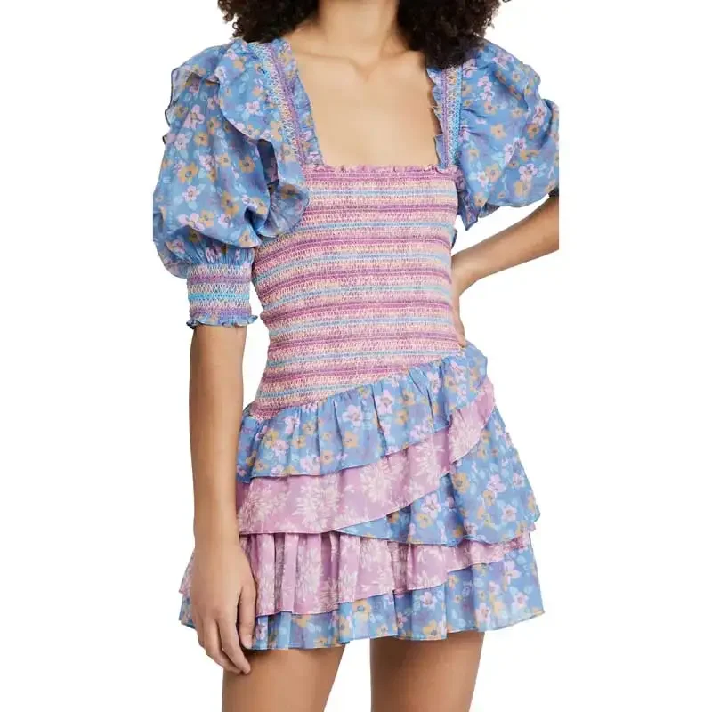 Boho Inspired Mixed Floral Prints Ruffled Party Puff Sleeve Square Neck Smocked Sexy Laides Mini Chic Summer Dress