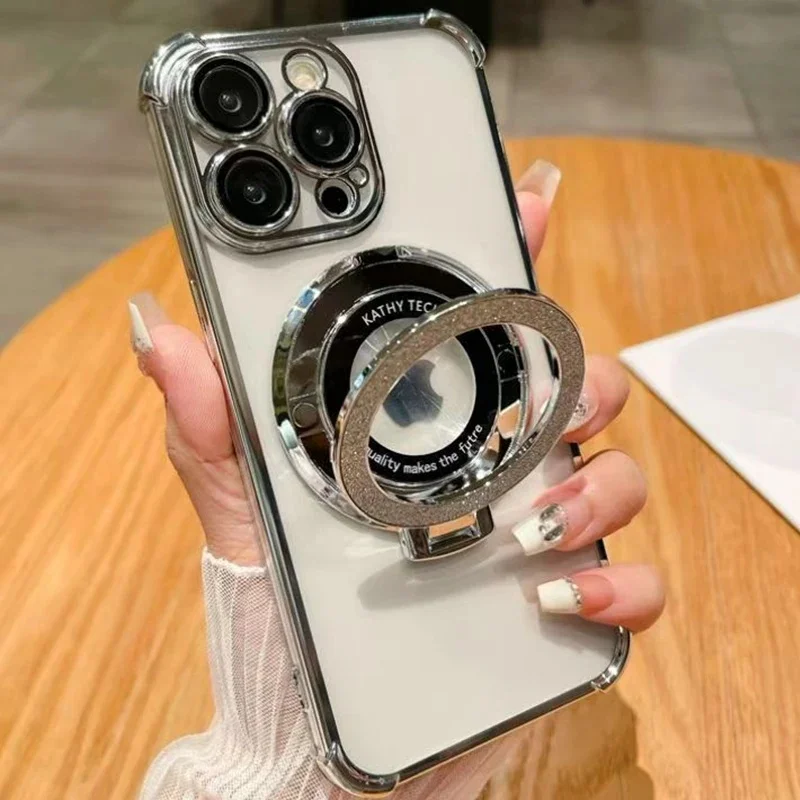 For iPhone 17 16 15 14 13 12 18 Pro Max Case Magnetic Glitter Holder Stand Cover For iPhone 17 Air 16 15 Plus Electroplate Funda