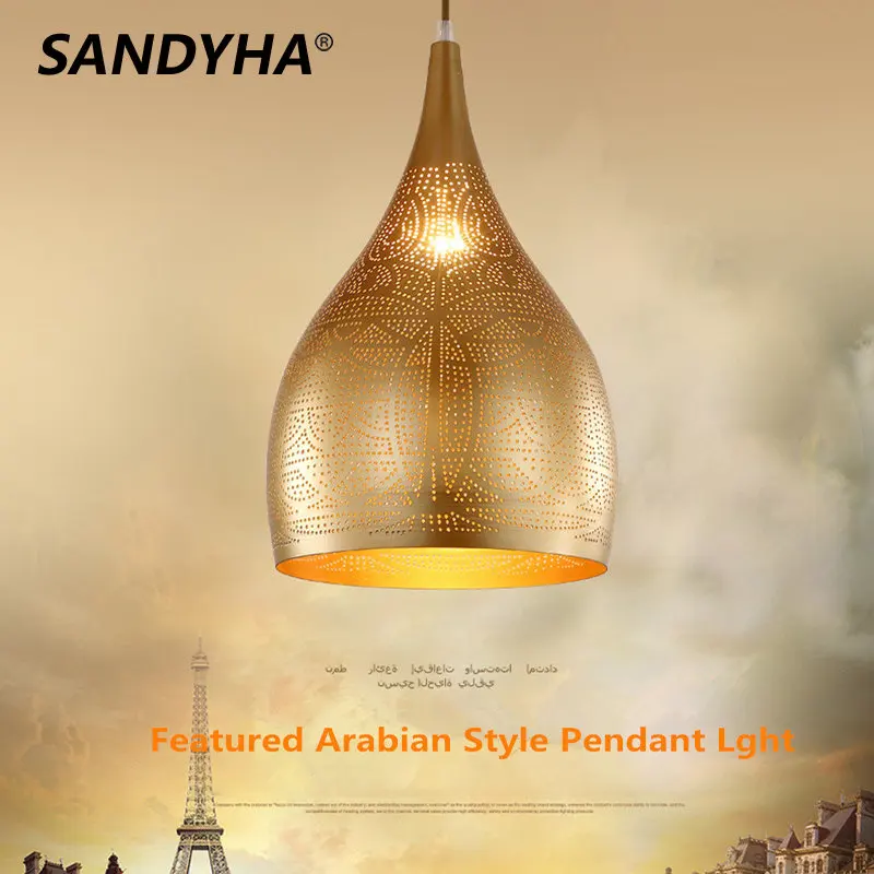 

SANDYHA Hollow Carved Pendan Lights Arabic Creative Iron Led Hanging Lamp Restaurant Dining Living Room Bar Interior Chandilers