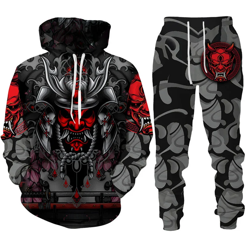 Cool Samurai Oni Mask Tattoo Art 3D Print Tracksuit Sets Casual Hoodie + Pants 2pcs Sets Fashion Man Woman Harajuku Streetwear