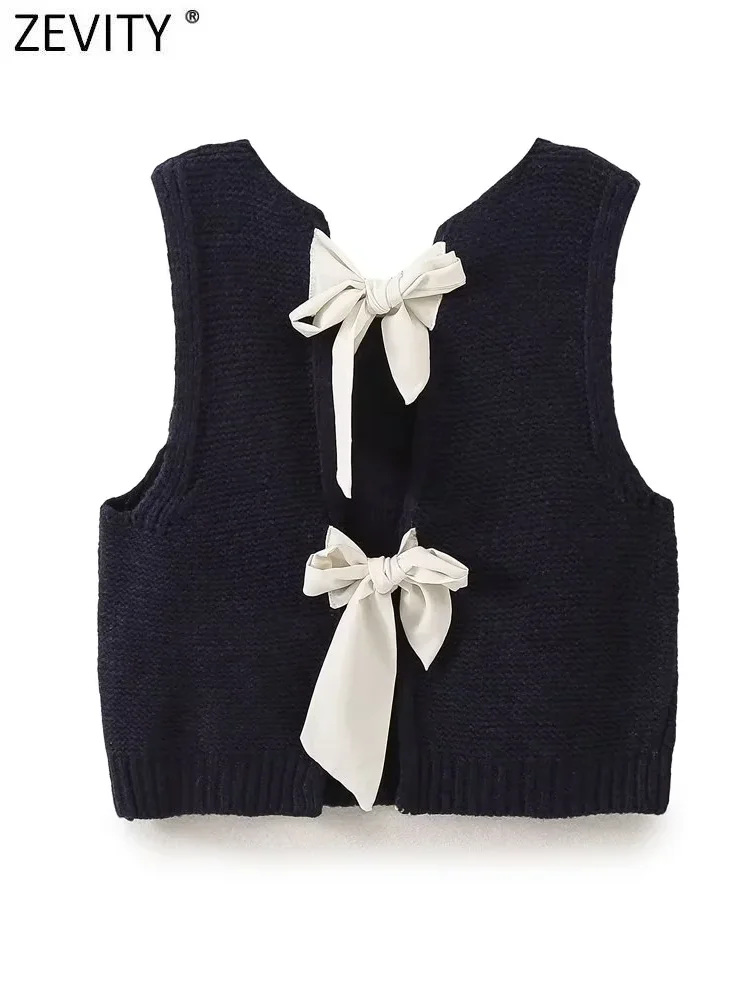 Zevity New Women Fashion Sleeveless Back Bow Tied Design Short Knitting Vest Sweater Female Chic Waistcoat Pullovers Tops CT6257