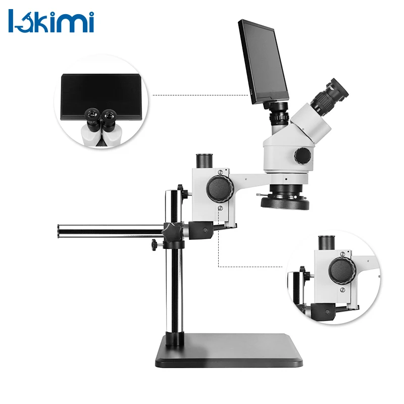 Lakimitools Trinocular LCD Digital Stereo Zoom Microscope, 7X-45X Magnification, LED Light, Boom-Arm Stand,LK-MH03B