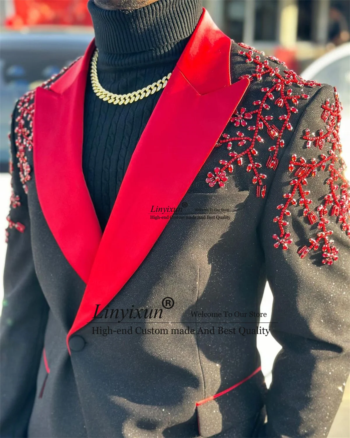 

Glitter Black Men Suits Luxury Beaded Crystals Groom Wedding Tuxedos 2 Pieces Set Male Prom Blazers Slim Fit Costume Homme