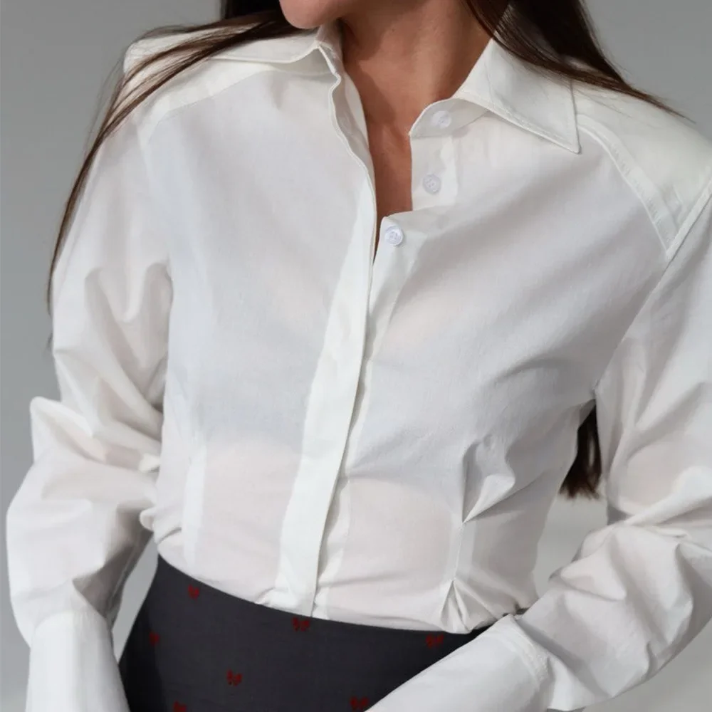 

Sumuyoo Waist up shirt 2026 spring style white lapel long sleeved cotton texture temperament commuter top
