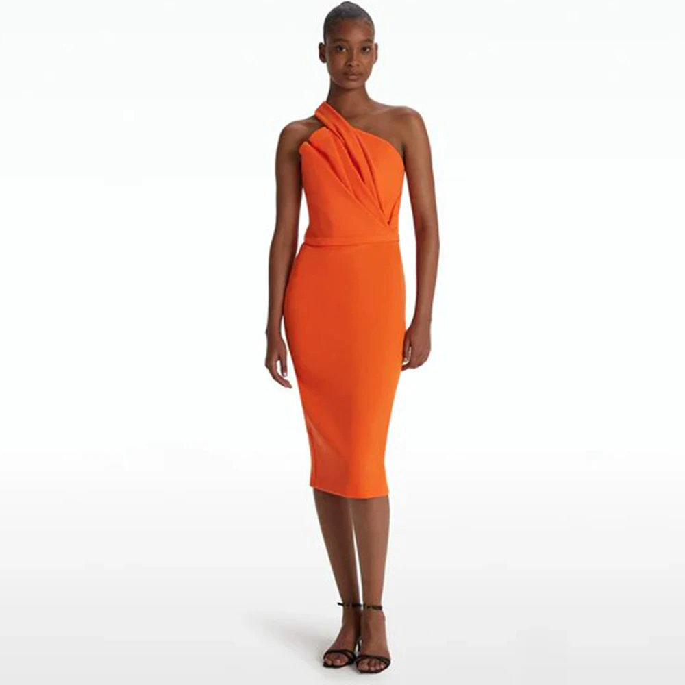 

Sexy Evening Dresses Orange Jersey Pleat Split Bespoke Occasion Gown Column&Sheath One-shoulder Midi Dresses