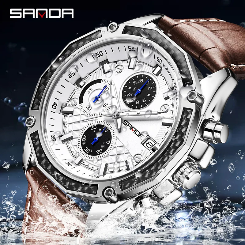SANDA men's watch with a three-dimensional three eye dial stopwatch/calendar night light 3ATM waterproof business quartz watch