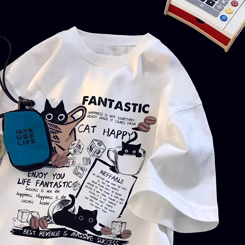 2026 Neues Damen T-Shirt Pullover Koreanische Version Cartoon-Katzen-Gruppen-Print T-Shirt Lässiges Kurzarm-Shirt Ästhetische Paar-Kleidung
