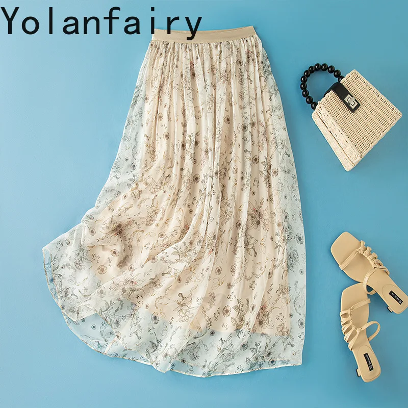 YOLANFAIRY 100% Real Mulberry Silk Skirts for Women Summer Apricot Printed Floral Skirt Woman Elegant Gentle Beach Skirt Fashion