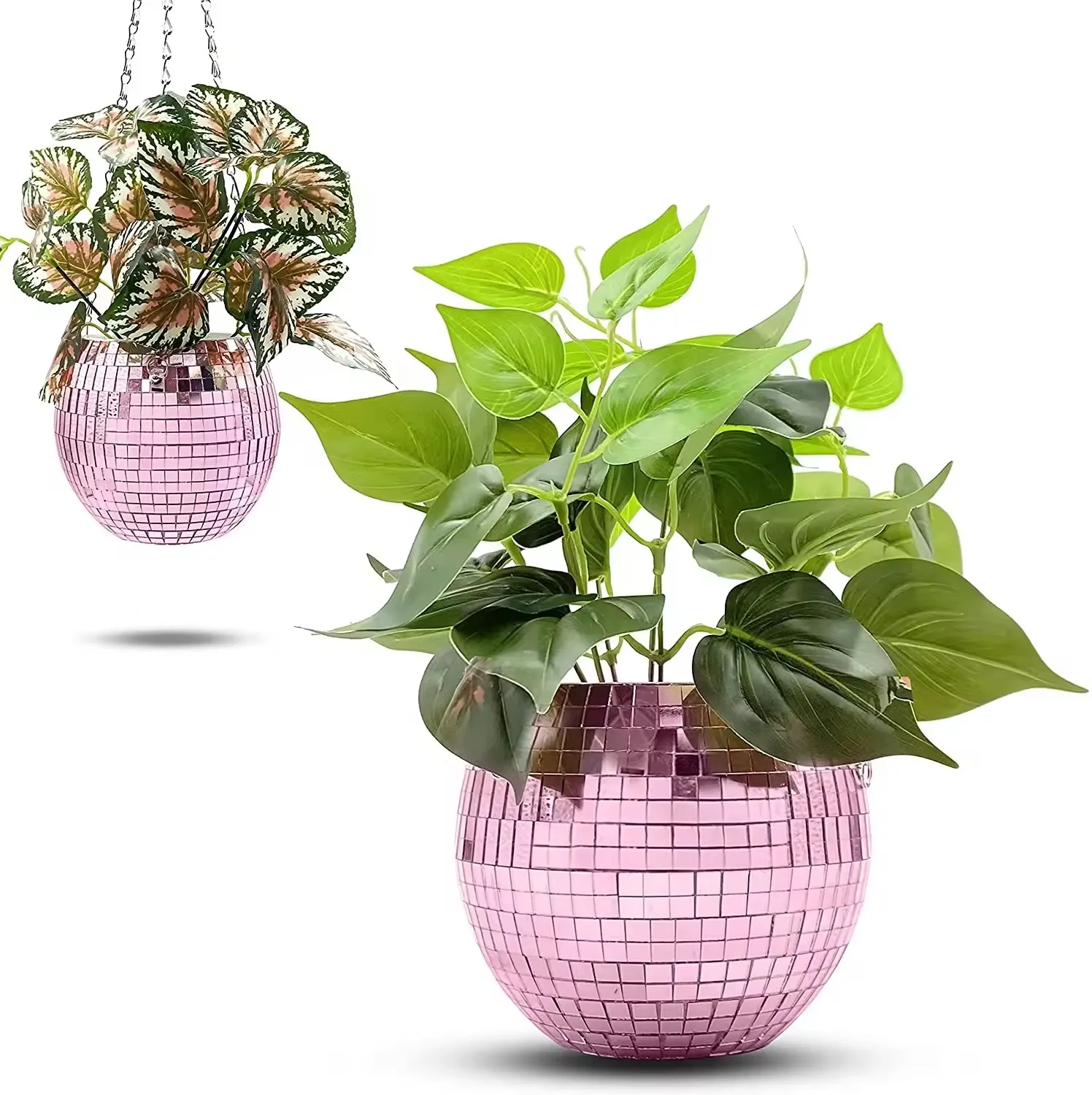 Disco-Spiegelkugel Hängender Blumentopf Sukkulenten-Pflanzgefäß für Innen- und Gartenbereich Wanddekoration Vase mit Holzring-Kette – Detail 17