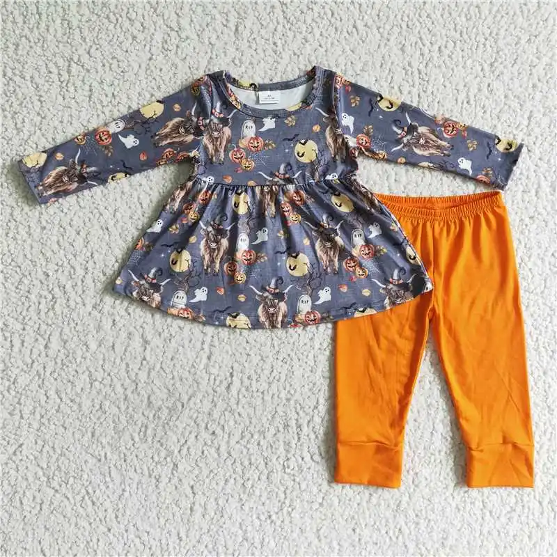 Girls' Alpine Cow Pumpkin Long Sleeve Pant Set