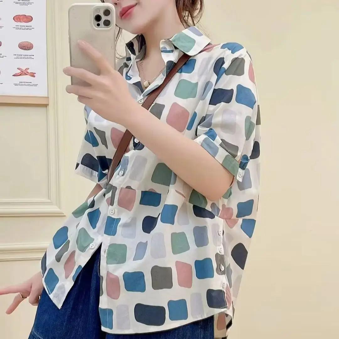 Large size tops women summer shirt Japan harajuku fashion short sleeve blue white geometric pattern shirts holiday blouses