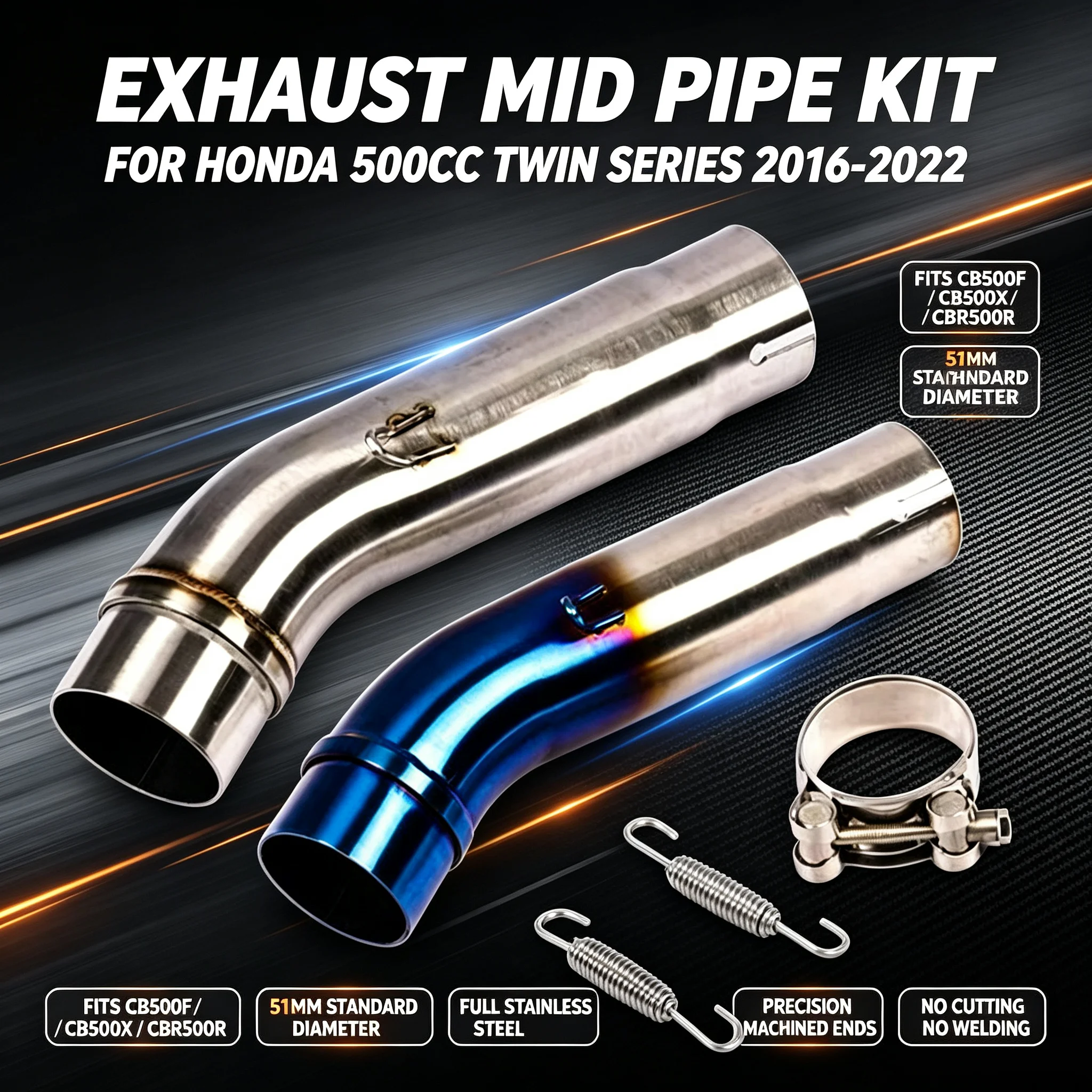 51mm Exhaust Mid Link Pipe for Honda CB400/500/500X/500F CBR400/500 2016-2022, Motorcycle Muffler Connector - view 3