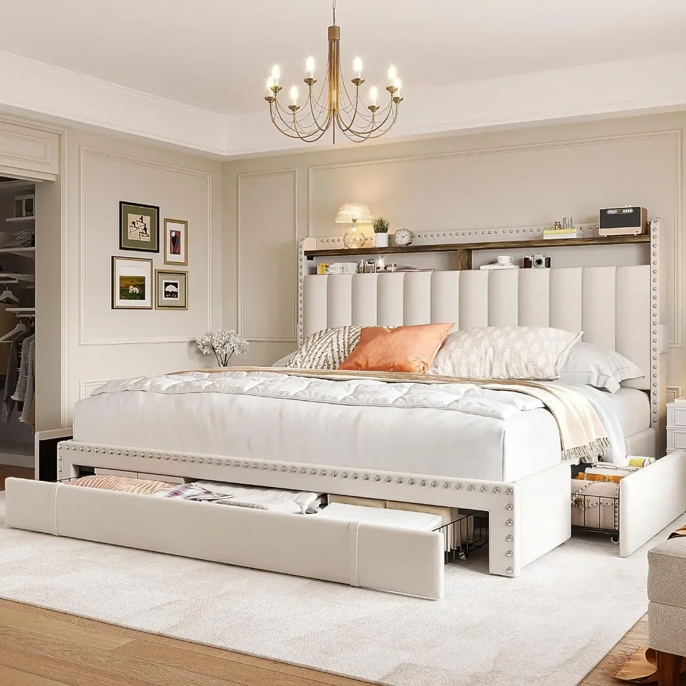 

Full/Queen Bed Frame with 3 Drawers, Upholstered , with Headboard, with Storage, Easy Assembly, Full/Queen Bed Frame