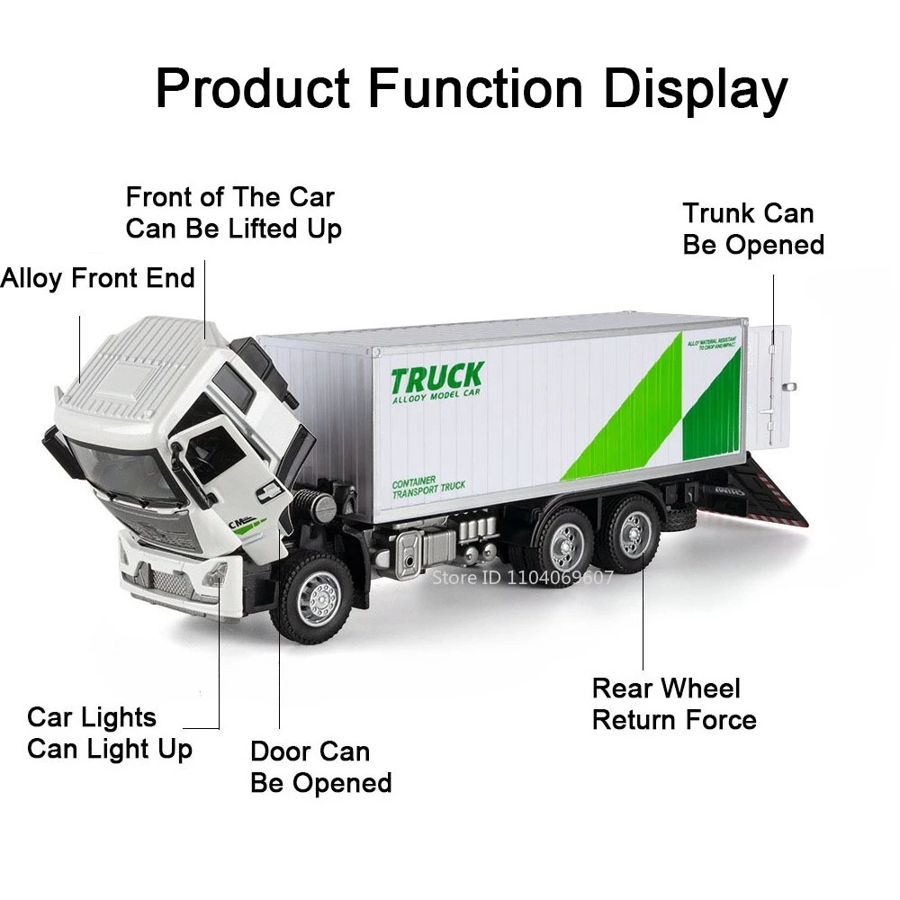 1:32 Trailer Container Transport Vehicle Model Toys Metal Diecast Sound Light Doors Opened Pull Back Toy Vehicles for Boys Gifts