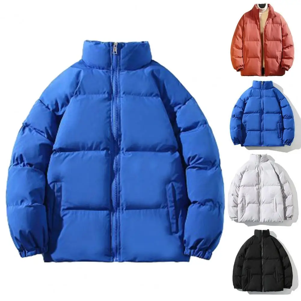 Men Winter Solid Color Padded Jacket Stand Collar Long Sleeve Side Pockets Thickened Casual Warm Coat Outwear Streetwear