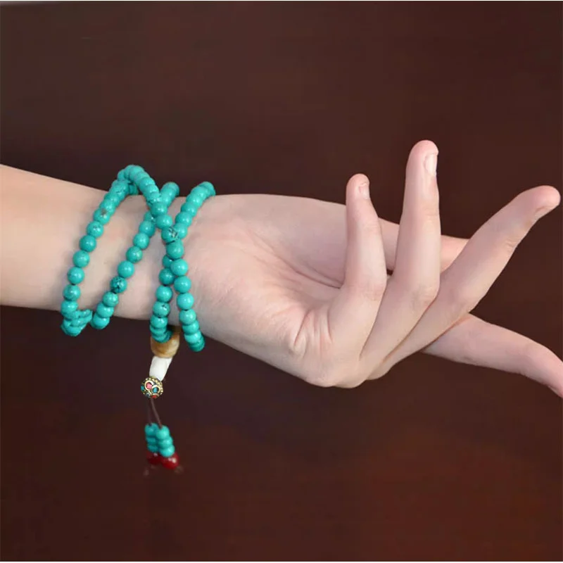 Optimized Turquoise 108-Bead Buddhist With Copper , Glass Beads, And Cow Bone Buddha, Fashionable Bracelet An