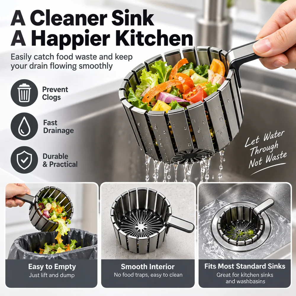 New Gravity Scraper Sink Drain Filter Handle Residue Filter Drain Filter Basket Anti Clog Reusable Sink Waste Strainer Washbasin