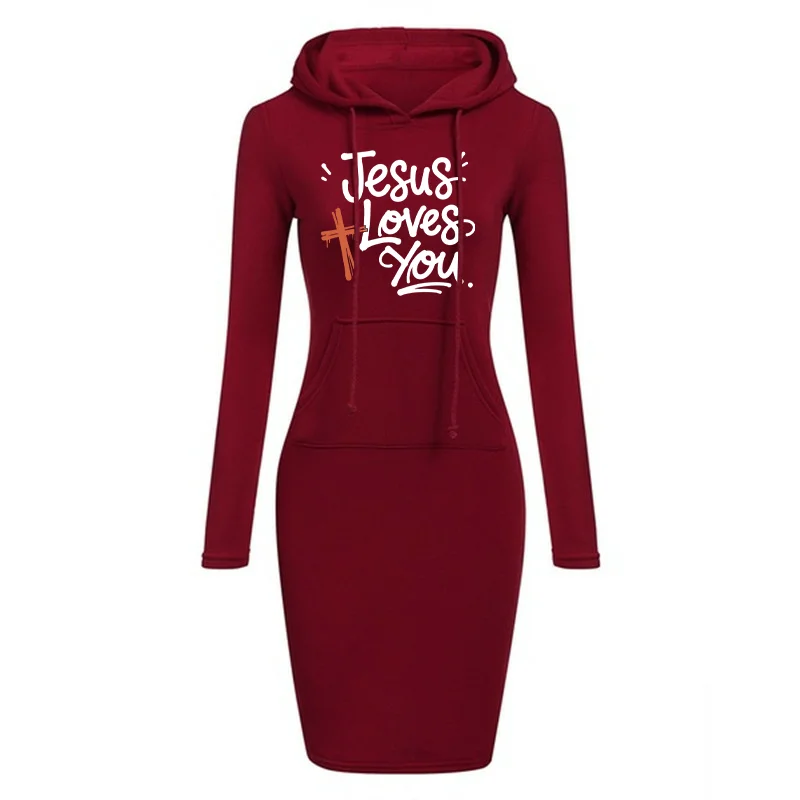 เสื้อสเวตเตอร์เดรสยาวพิมพ์ลายพระเยซูรักคุณ รุ่นครอสซีรีส์ ลายลำลอง มีฮู้ด ทรงเข้ารูป