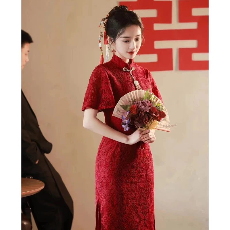 

Красное свадебное ципао для новобрачной, элитное, на заказ, в китайском стиле, для репетиционного ужина и церемонии, длинное миди-платье с винтажной талией