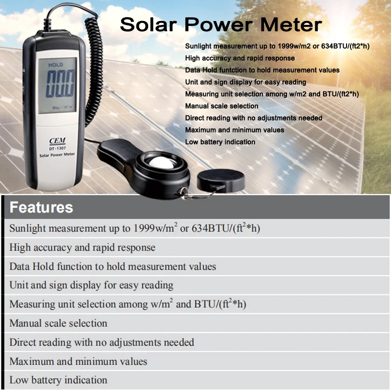 CEM DT-1307 Handheld Solar Power Meter Digital Solar Irradiance Meter with 2000 W/m2, 634 BTU / (ft2 · h) Measuring Range