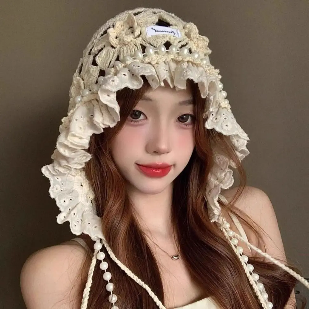Hand-knitted Knitted Pearl Lace Beanies Soft Breathable Hollow Flowers Hat Bohemian Style Fringed Crochet Hat