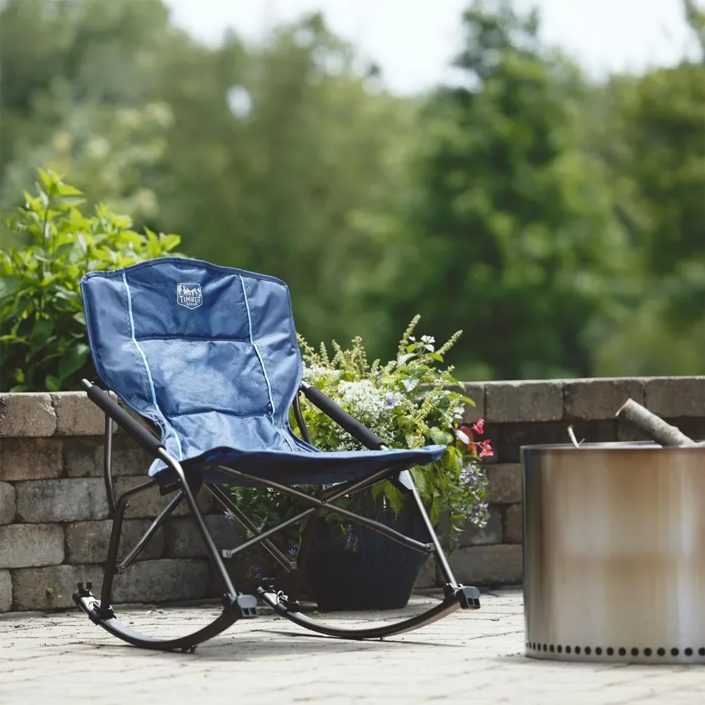 Folding Rocking Camping Chair with Hard Armrests, Portable Outdoor Rocker for Patio, Garden, Lawn, Supports up to 250 lbs, Blue