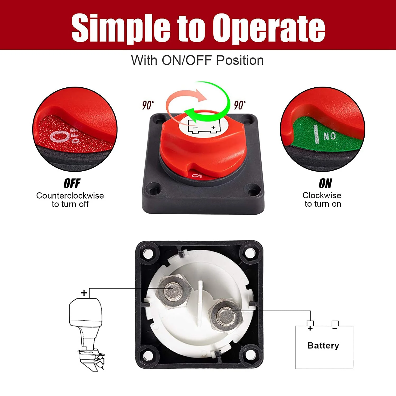 Battery Disconnect Switch 12V-48V Master Isolator Cut Off (On/Off) for Marine Boat Car Truck Camper RV Trailer