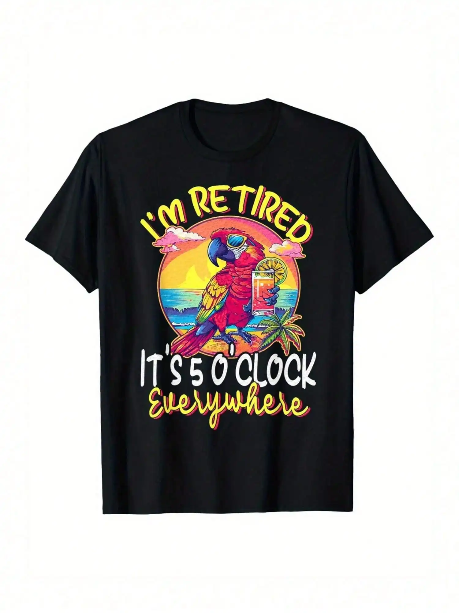 

Men's Retirement T-Shirt - "It's 5 O'Clock Everywhere" Funny Design with Colorful Parrot Graphic -