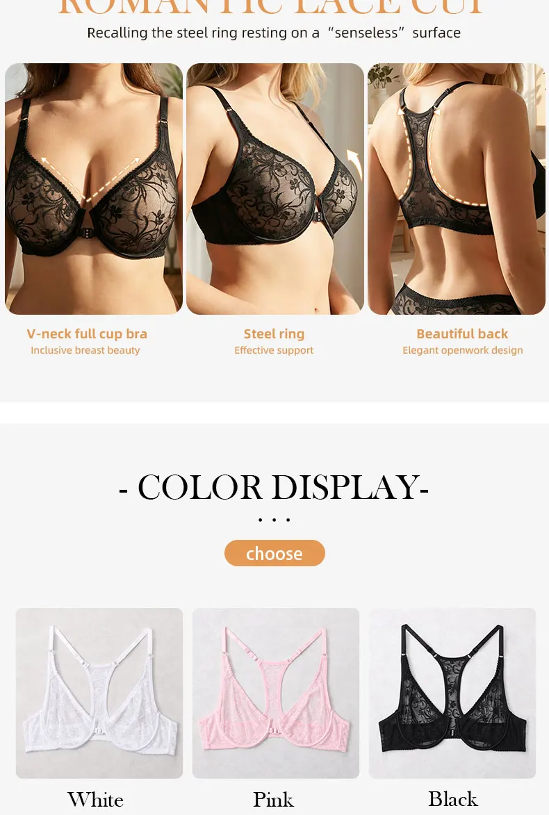 Damen-BH mit Spitze und Knöpfen vorne, Bügel-Unterwäsche, BH-Tops, elegante Stickerei, schöner Rücken, Übergröße, Dessous, Körbchengröße A B C D E F – Detail 2