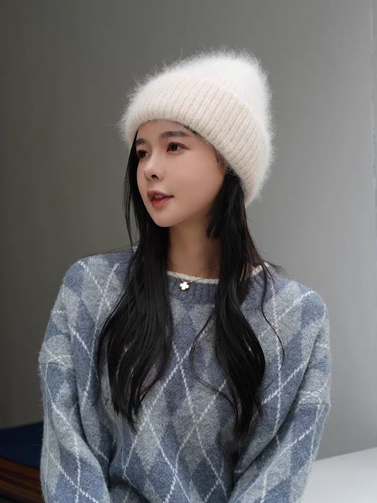 Angora rabbit hair knitted wool hat cold hat white color for women versatile for autumn and winter warm and small face