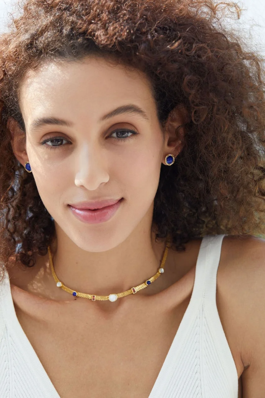 الحديثة 925 الفضة شبه الأحجار الكريمة المختنق اللازورد الطبيعي اللؤلؤ روبي العقيق تنس سلسلة حلية قلادة الدانتيل مجوهرات بيجو #4