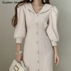 Apricot Chic Dress Women Spring V-neck Single Breast Dress Women Clothing Korean Business Elegant Vestidos Office Lady