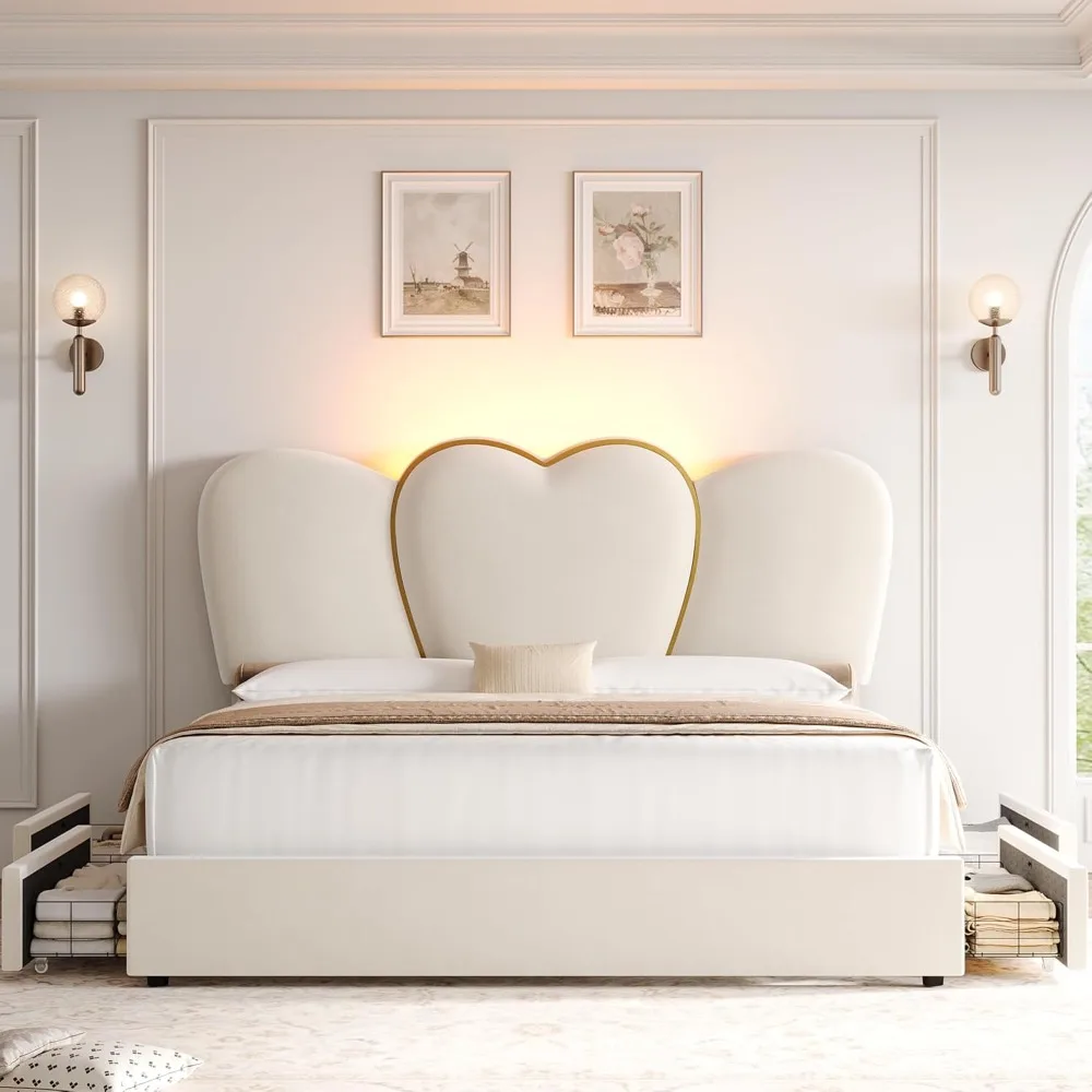 LED Bed Frame with 4 Storage Drawers, Modern Velvet Upholstered Platform Bed with Heart Shaped Headboard, Solid Wooden Slats