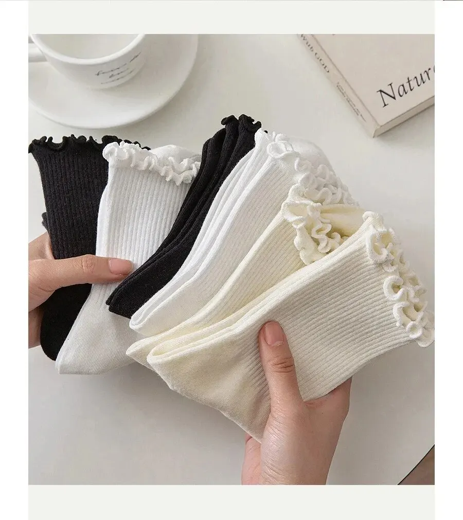 5/10/20 Paare/los Socken für Frauen Rüschen Mittelrohr Knöchel Kurze Atmungsaktive Schwarz Weiß Set Frühling Herbst – Detail 8